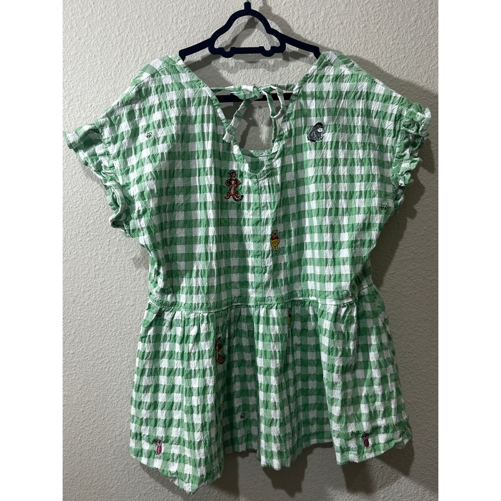 Disney Winnie the Pooh Top Womens S Green Gingham Seersucker Embroidered Blouse - Picture 3 of 5